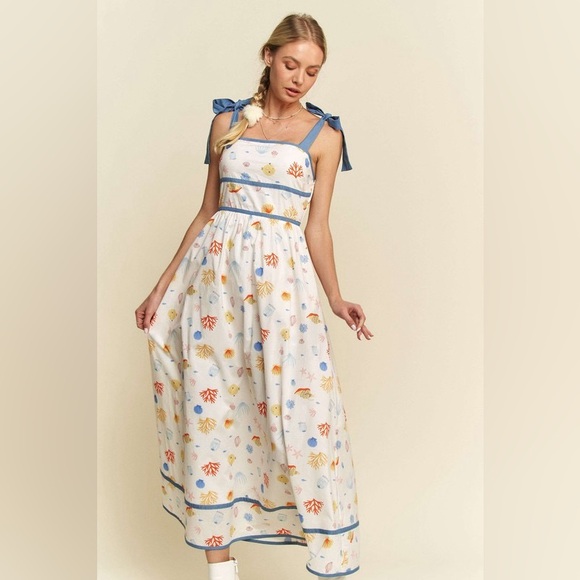 Dresses & Skirts - Floral White and Blue Maxi Denim Binding Detail Smocking Summer Maxi Dress